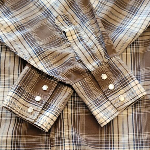 Vintage Ely Cattleman Western Pearl Snap Shirt Brown Blue Plaid Long Sleeve L - Picture 9 of 13
